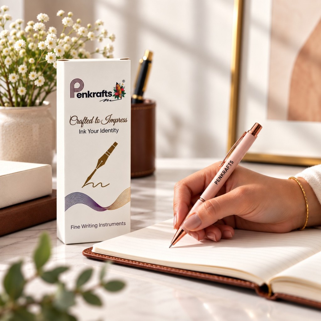 Penkrafts rose-gold pen writing in a leather notebook beside branded packaging