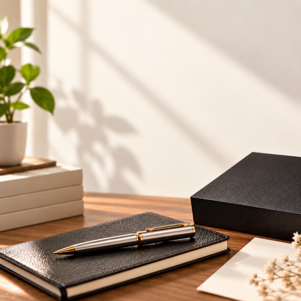 A silver and gold pen on a leather notebook beside a gift box