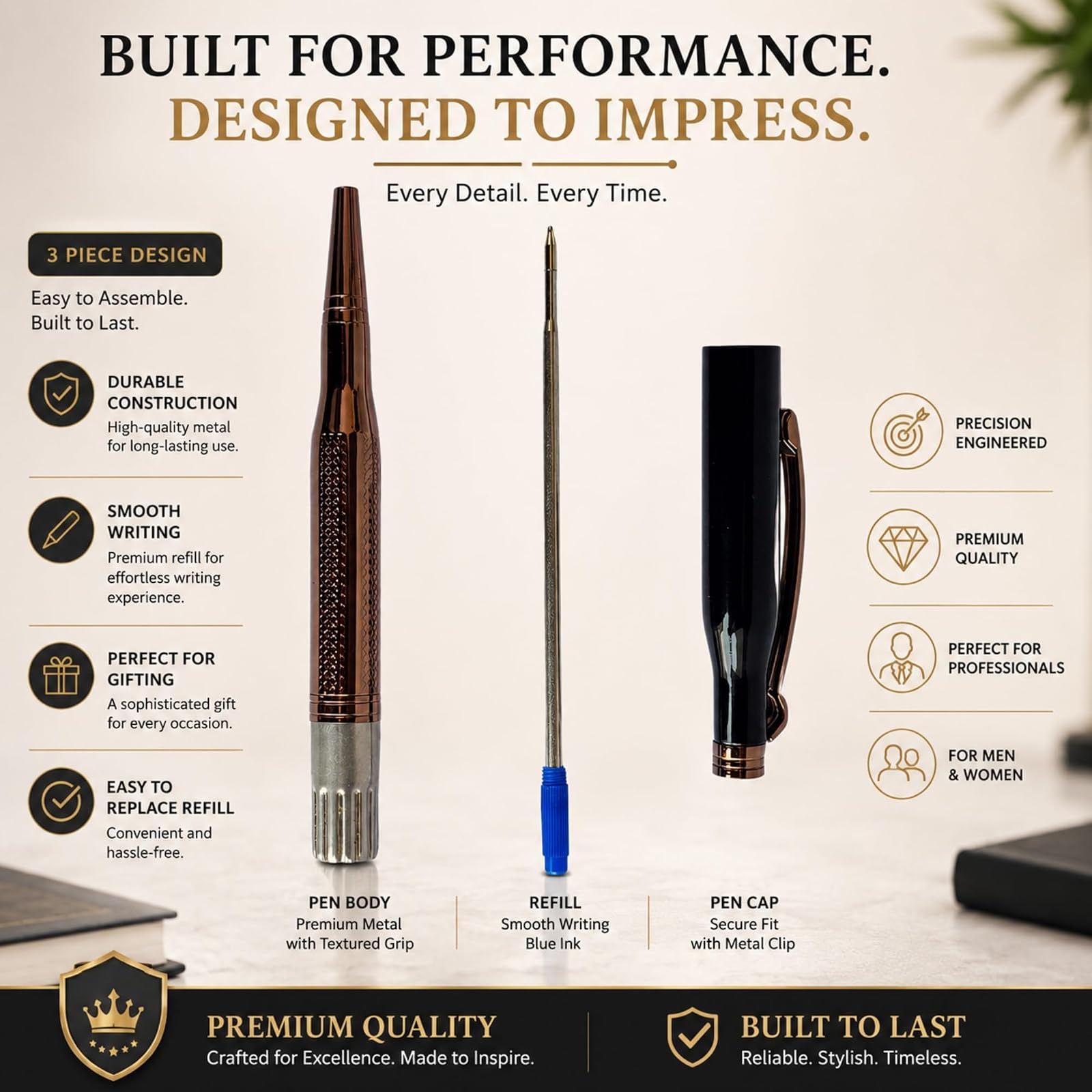 Bulloq Magnum Premium Metal Ball Point Pen | Black & Rose Gold Executive - Twist Pen | Smooth Blue Ink | Luxury Office & Corporate Gift Pen for Men & Women — photo 6