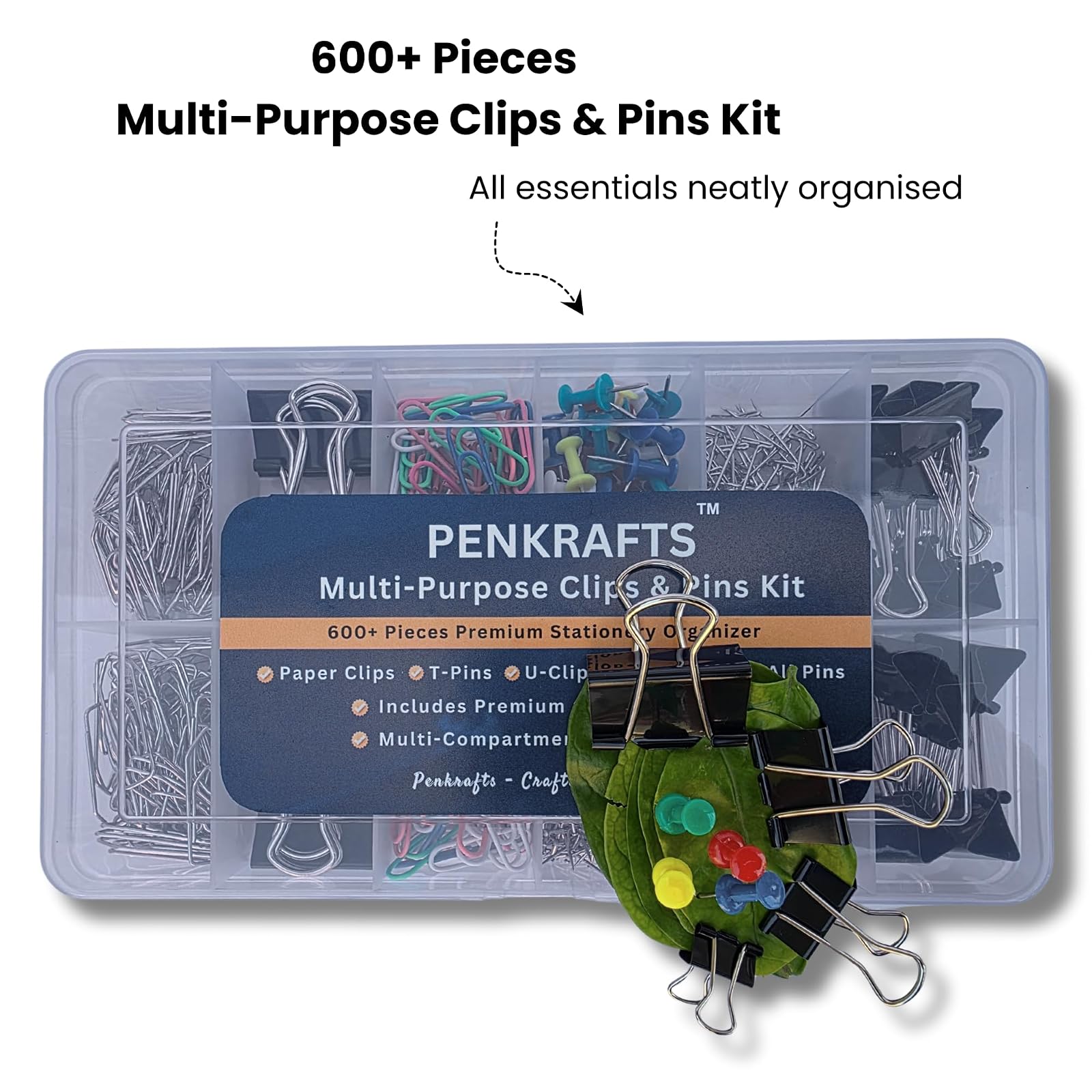 Clips & Pins Kit, 600+ Pieces, Stationery Organiser Box with Paper Clips, Binder Clips, Push Pins, T-Pins & Assorted Pins for Office, School & Home — photo 4