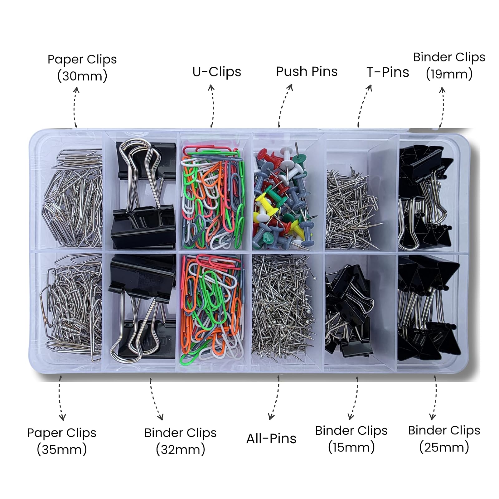 Clips & Pins Kit, 600+ Pieces, Stationery Organiser Box with Paper Clips, Binder Clips, Push Pins, T-Pins & Assorted Pins for Office, School & Home — photo 5