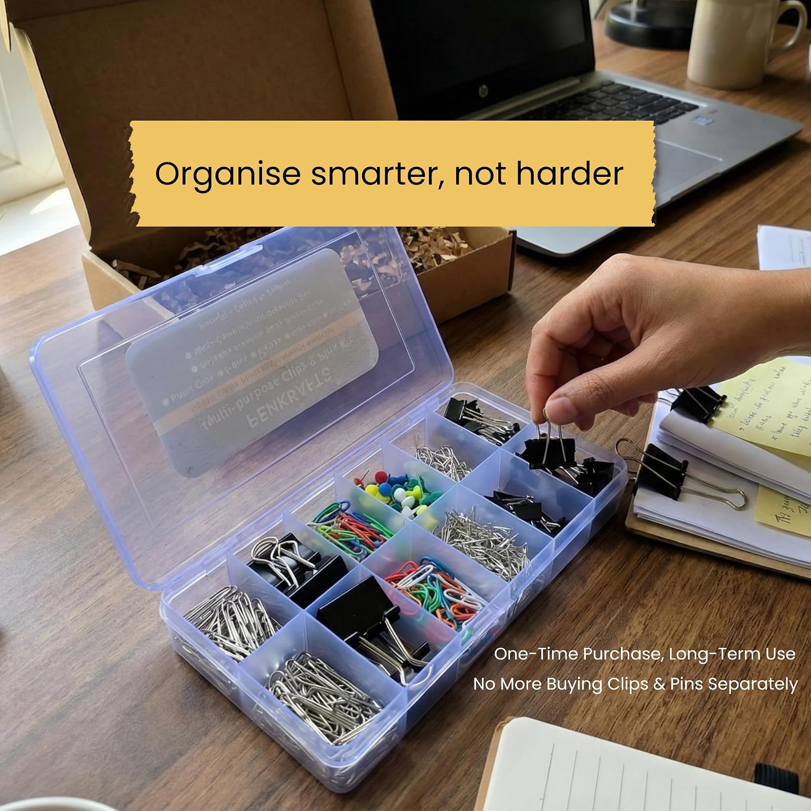 Clips & Pins Kit, 600+ Pieces, Stationery Organiser Box with Paper Clips, Binder Clips, Push Pins, T-Pins & Assorted Pins for Office, School & Home — photo 7