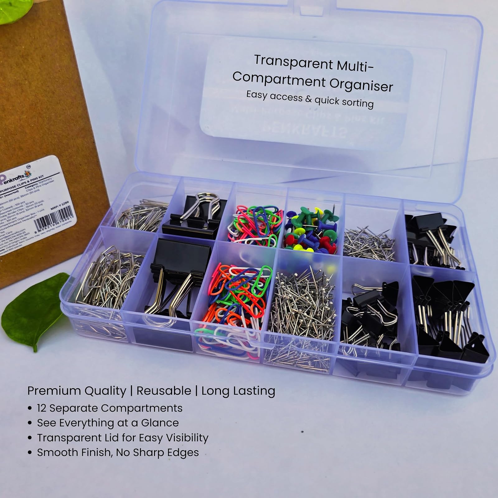 Clips & Pins Kit, 600+ Pieces, Stationery Organiser Box with Paper Clips, Binder Clips, Push Pins, T-Pins & Assorted Pins for Office, School & Home — photo 9