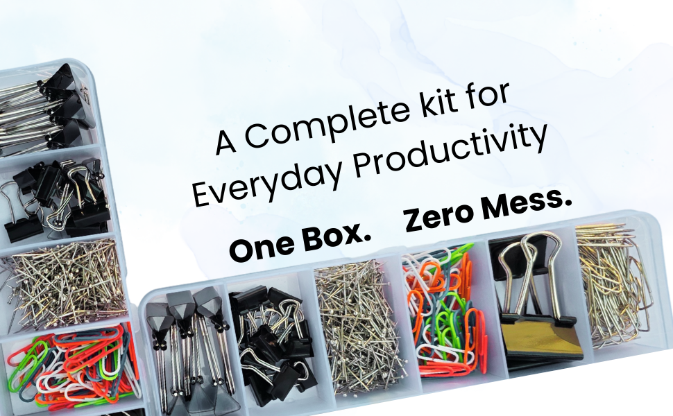 Clips & Pins Kit, 600+ Pieces, Stationery Organiser Box with Paper Clips, Binder Clips, Push Pins, T-Pins & Assorted Pins for Office, School & Home — detail 1