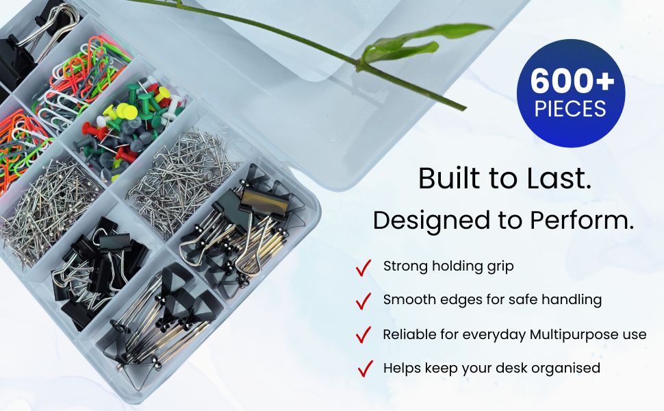 Clips & Pins Kit, 600+ Pieces, Stationery Organiser Box with Paper Clips, Binder Clips, Push Pins, T-Pins & Assorted Pins for Office, School & Home — detail 2