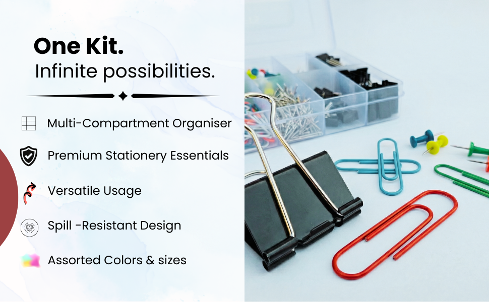 Clips & Pins Kit, 600+ Pieces, Stationery Organiser Box with Paper Clips, Binder Clips, Push Pins, T-Pins & Assorted Pins for Office, School & Home — detail 3