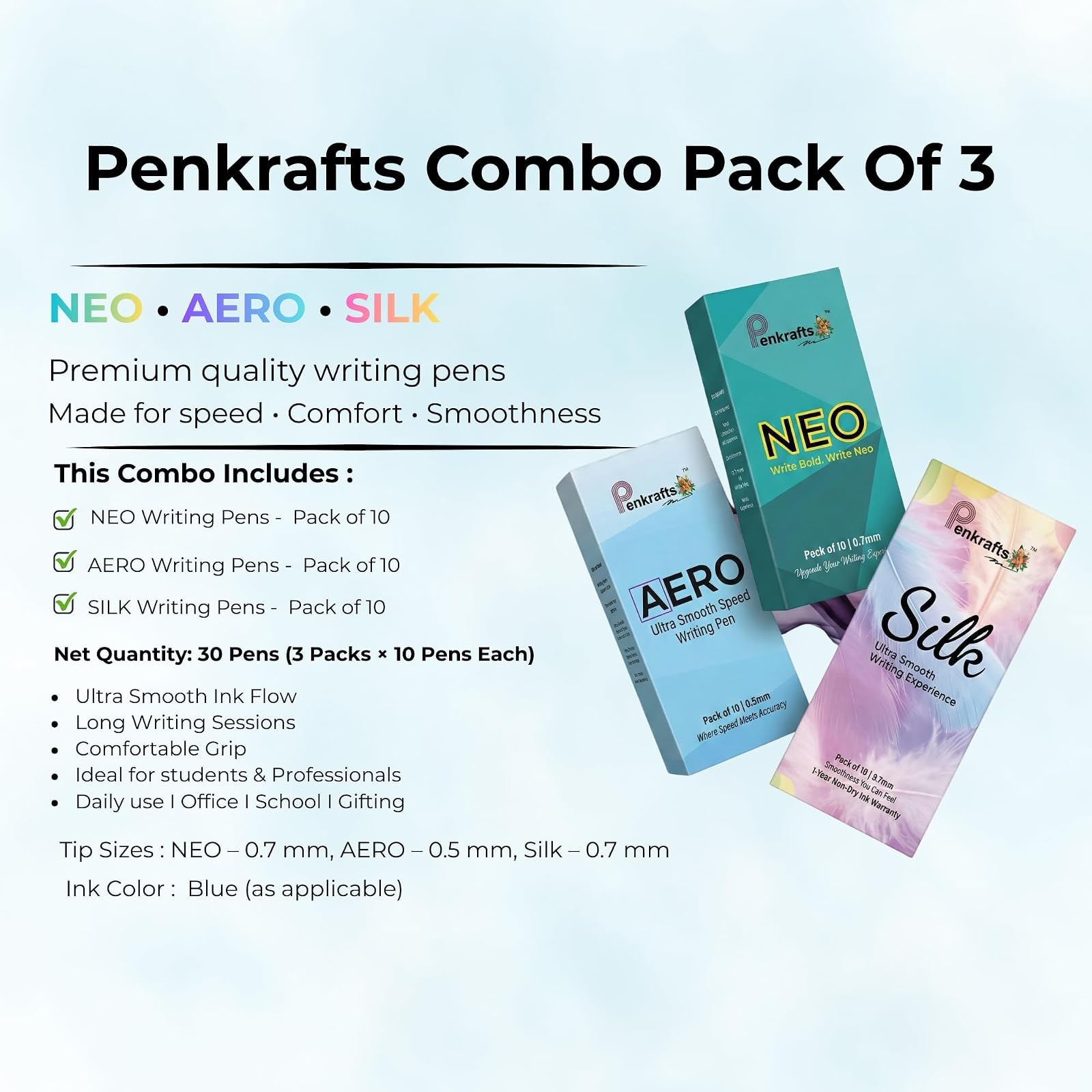 Combo Pack of 3 Writing Pens | NEO, AERO & Silk | Ultra Smooth Ball Pens | Blue Ink | 0.5 & 0.7 mm | Pack of 30 Pens for School Office Home & Gifting | Blue Ink Pen Set — photo 4