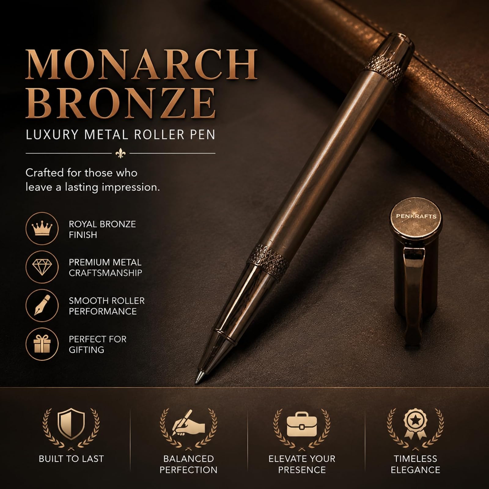 Monarch Bronze Luxury Metal Roller Pen for Men & Women | Premium Executive Writing Pen | Smooth Ink Flow | Office, Business & Corporate Gift — photo 3