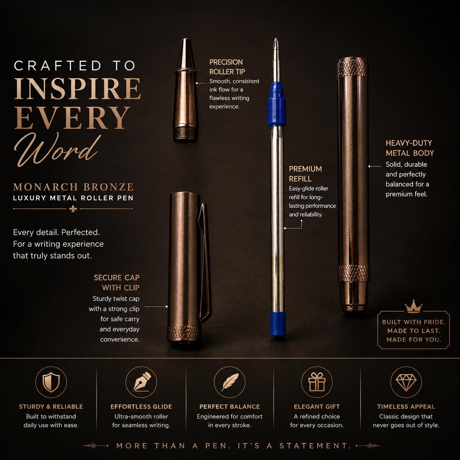 Monarch Bronze Luxury Metal Roller Pen for Men & Women | Premium Executive Writing Pen | Smooth Ink Flow | Office, Business & Corporate Gift — photo 5