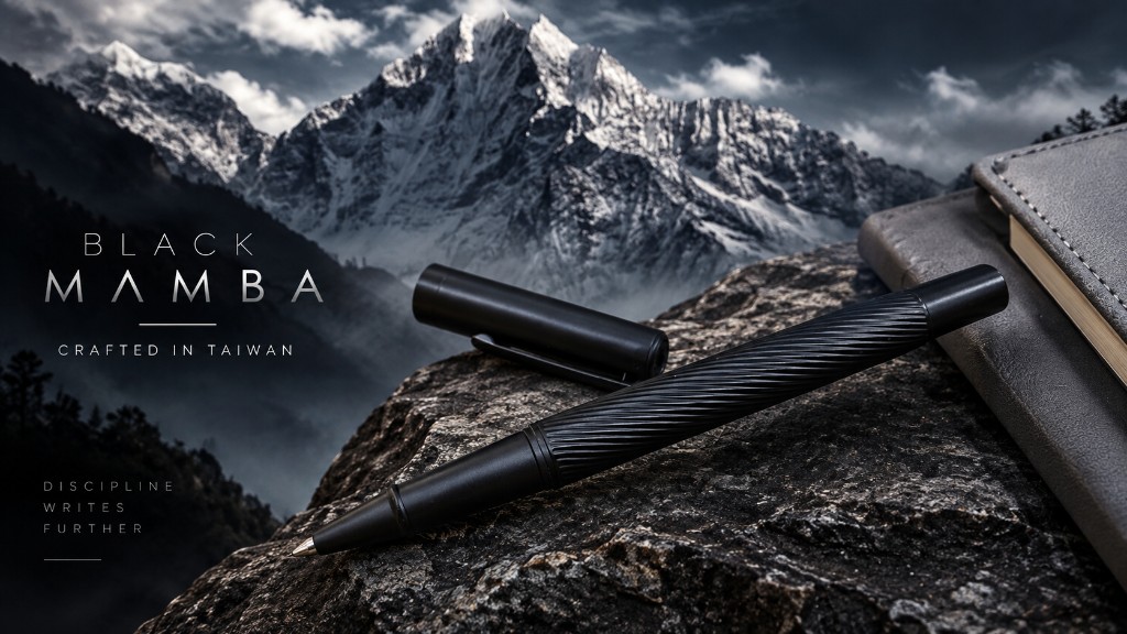 Penkrafts Black Mamba premium black metal pen on rocky terrain