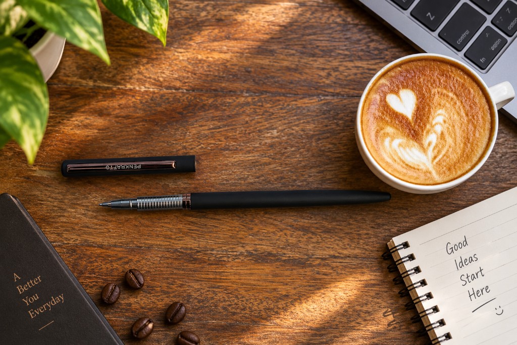 Brew Write coffee pen on a wooden desk with latte and notebook