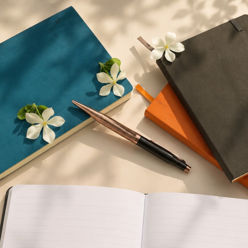 Bulloq Magnum rose-gold and black pen with notebooks and flowers