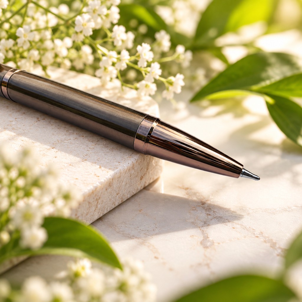 Monarch Bronze twist pen on stone with white flowers and greenery