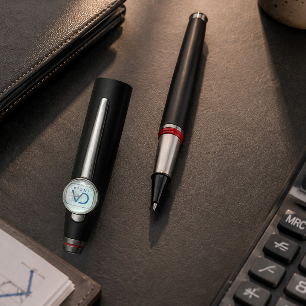 Prime CA pen with CA India emblem beside calculator and notebook